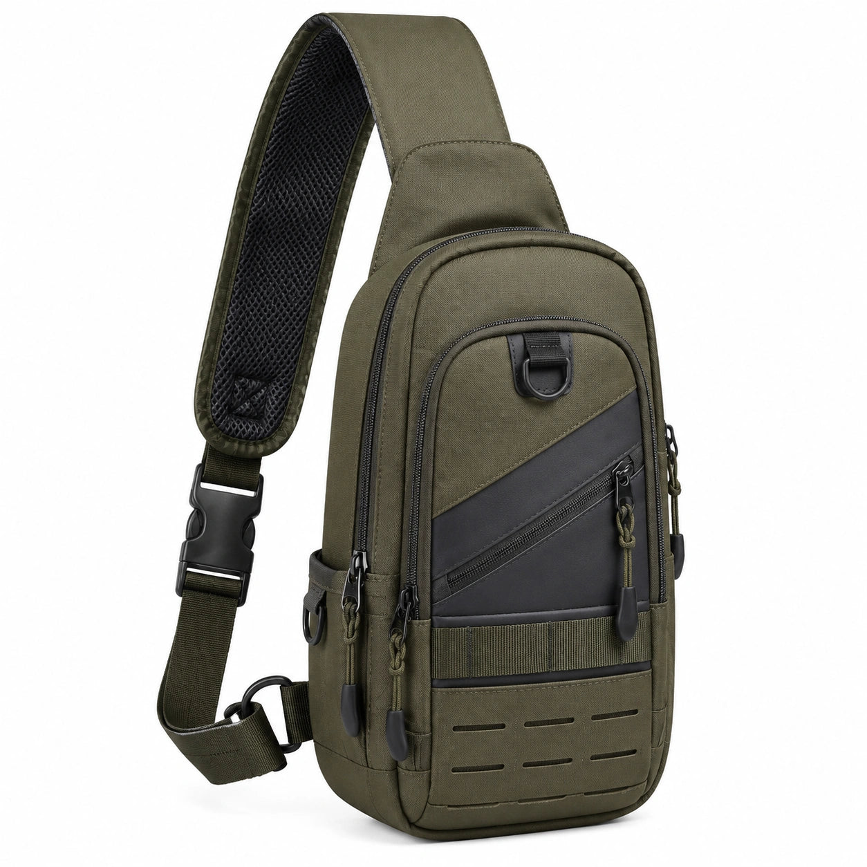 Borsa a tracolla 18x8x32 cm in tessuto sintetico verde militare e nero con tasche zip stile utility