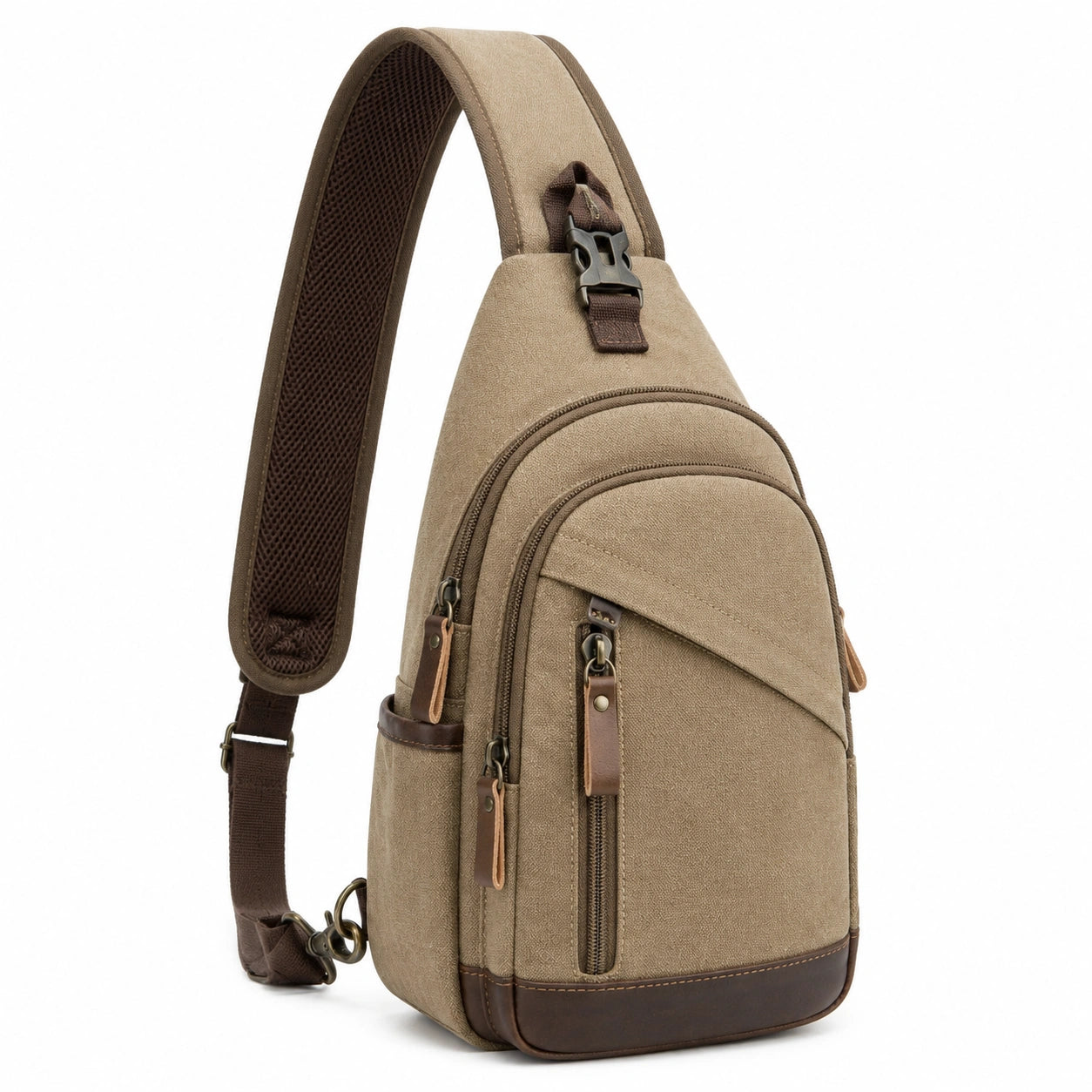Borsa a tracolla 18 x 8 x 32 cm in tessuto kaki con tasche zip stile casual