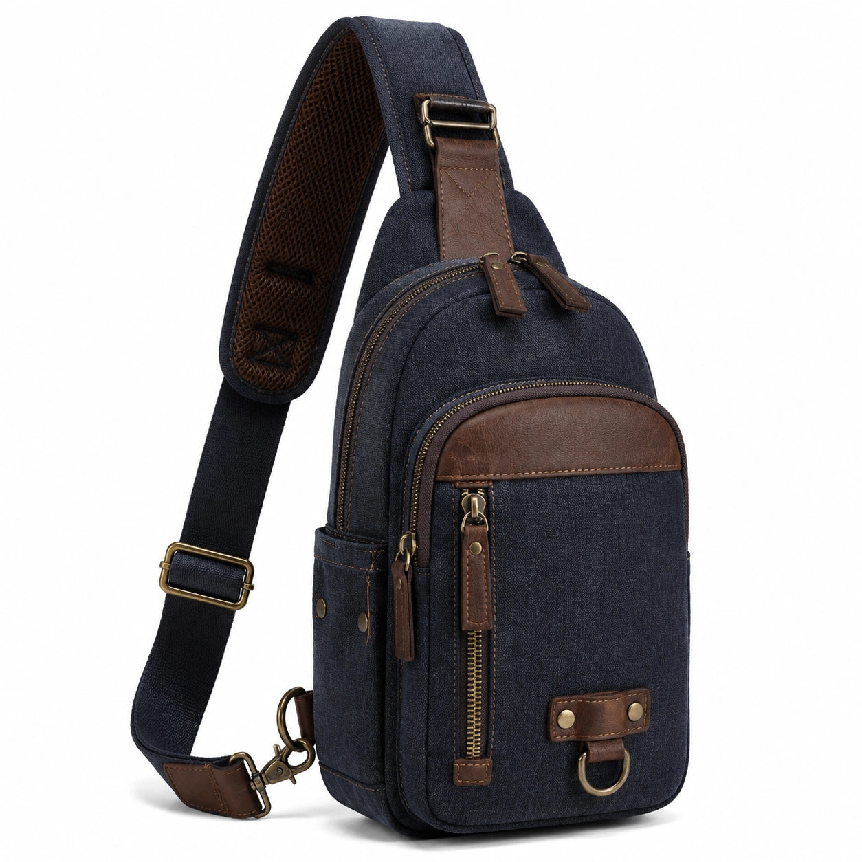 Borsa a tracolla 18 x 8 x 32 cm in tessuto blu scuro con dettagli marroni stile casual con tasche
