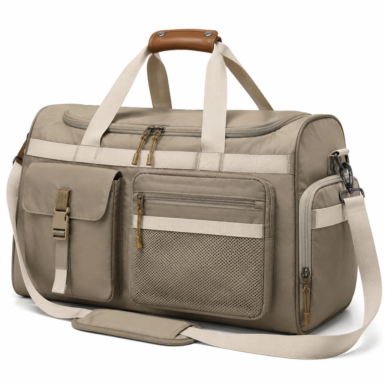 Borsone da viaggio 50 x 25 x 30 cm in tessuto beige con tasche multiple e tracolla removibile