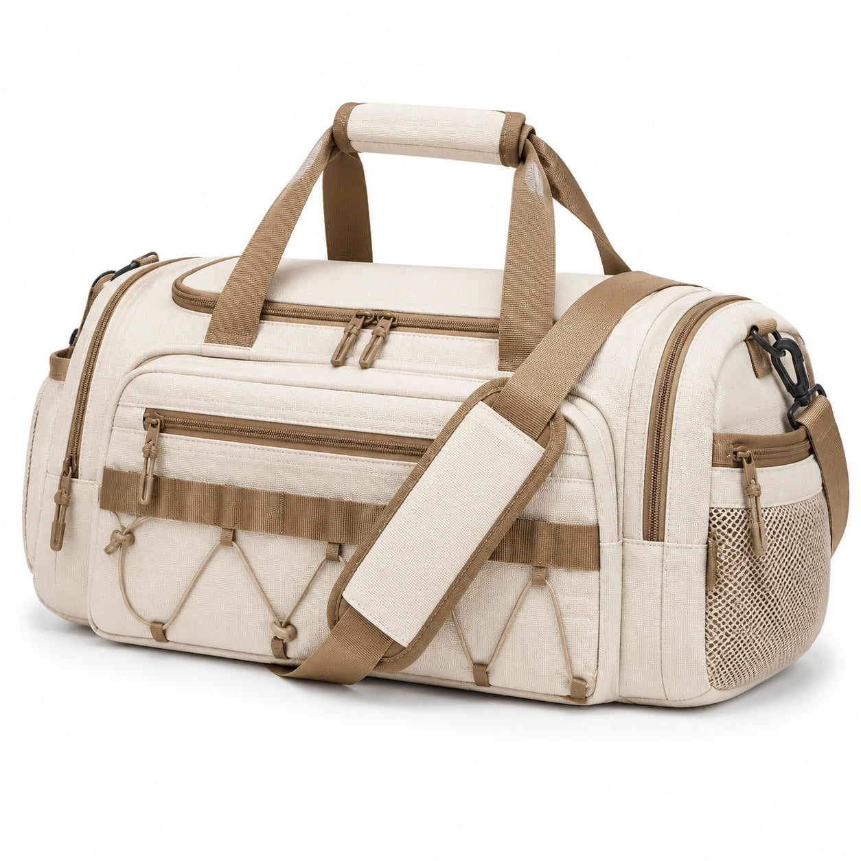Borsone da viaggio 48 x 25 x 28 cm in tessuto crema e marrone con tasche e tracolla