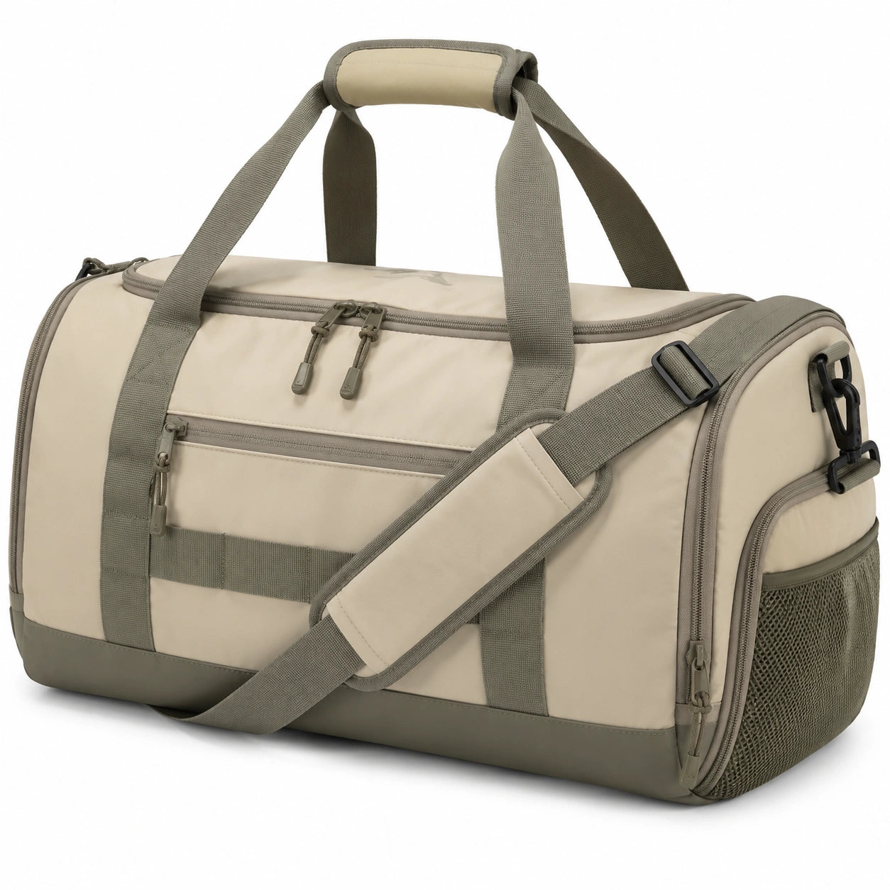 Borsone da viaggio 50 x 25 x 28 cm in tessuto sintetico beige e verde oliva con tracolla regolabile