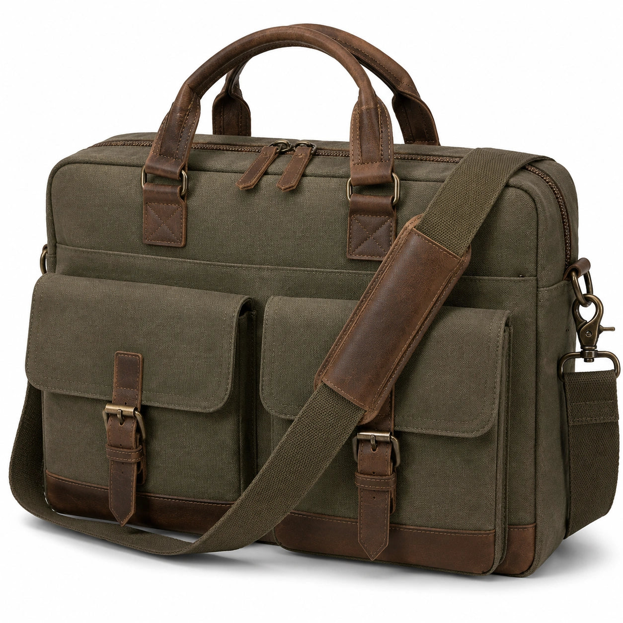 Borsa a tracolla per laptop 42 x 14 x 30 cm in tela verde oliva e finiture effetto pelle stile vintage