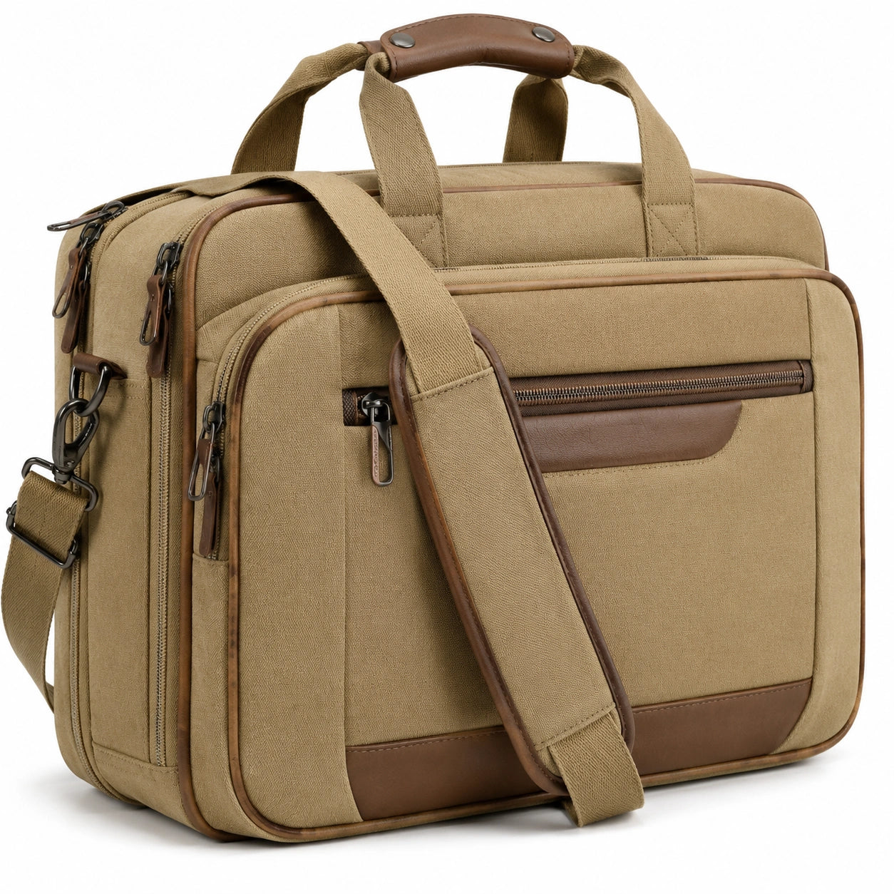 Borsa portadocumenti 42 x 12 x 32 cm in tessuto beige con finiture marroni - tracolla regolabile e scomparti con zip