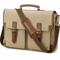 Borsa messenger 40 x 12 x 30 cm in tela beige e similpelle marrone con tracolla regolabile