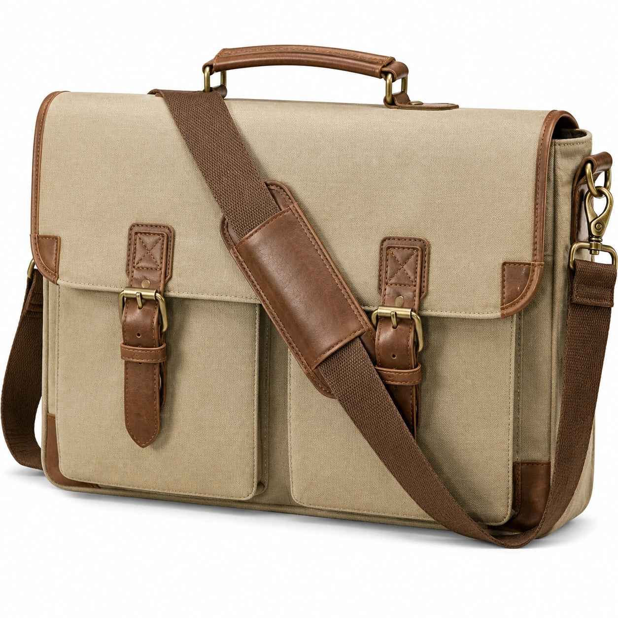 Borsa messenger 40 x 12 x 30 cm in tela beige e similpelle marrone con tracolla regolabile