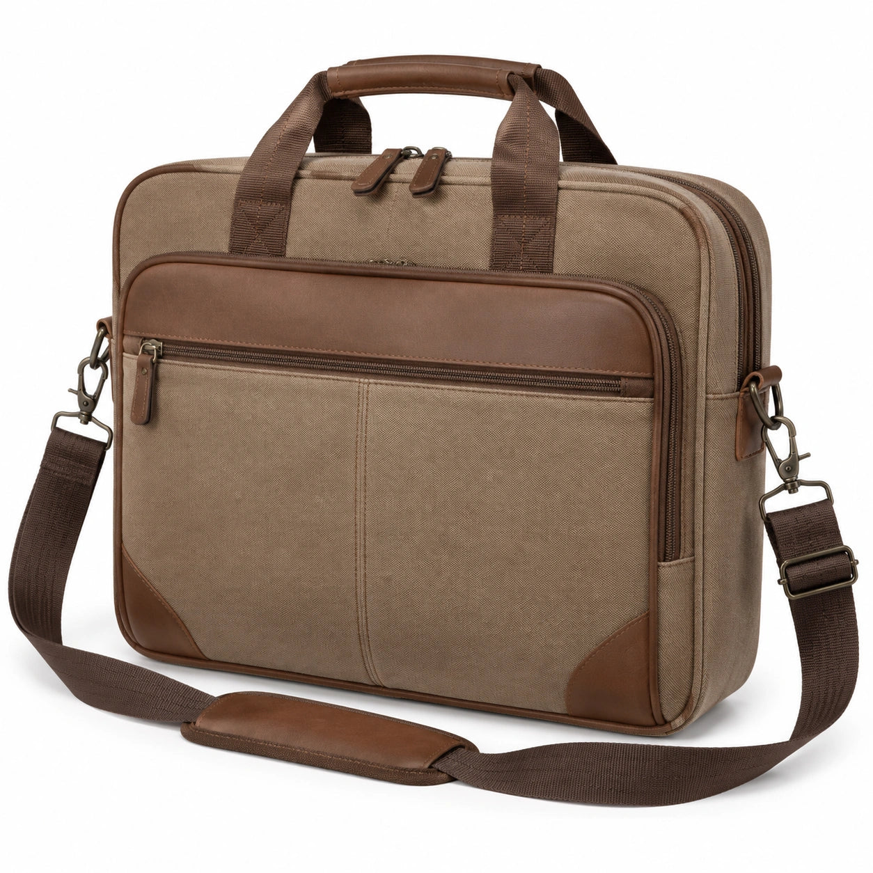 Borsa portadocumenti 42x12x32 cm in tessuto beige e similpelle marrone con tracolla regolabile