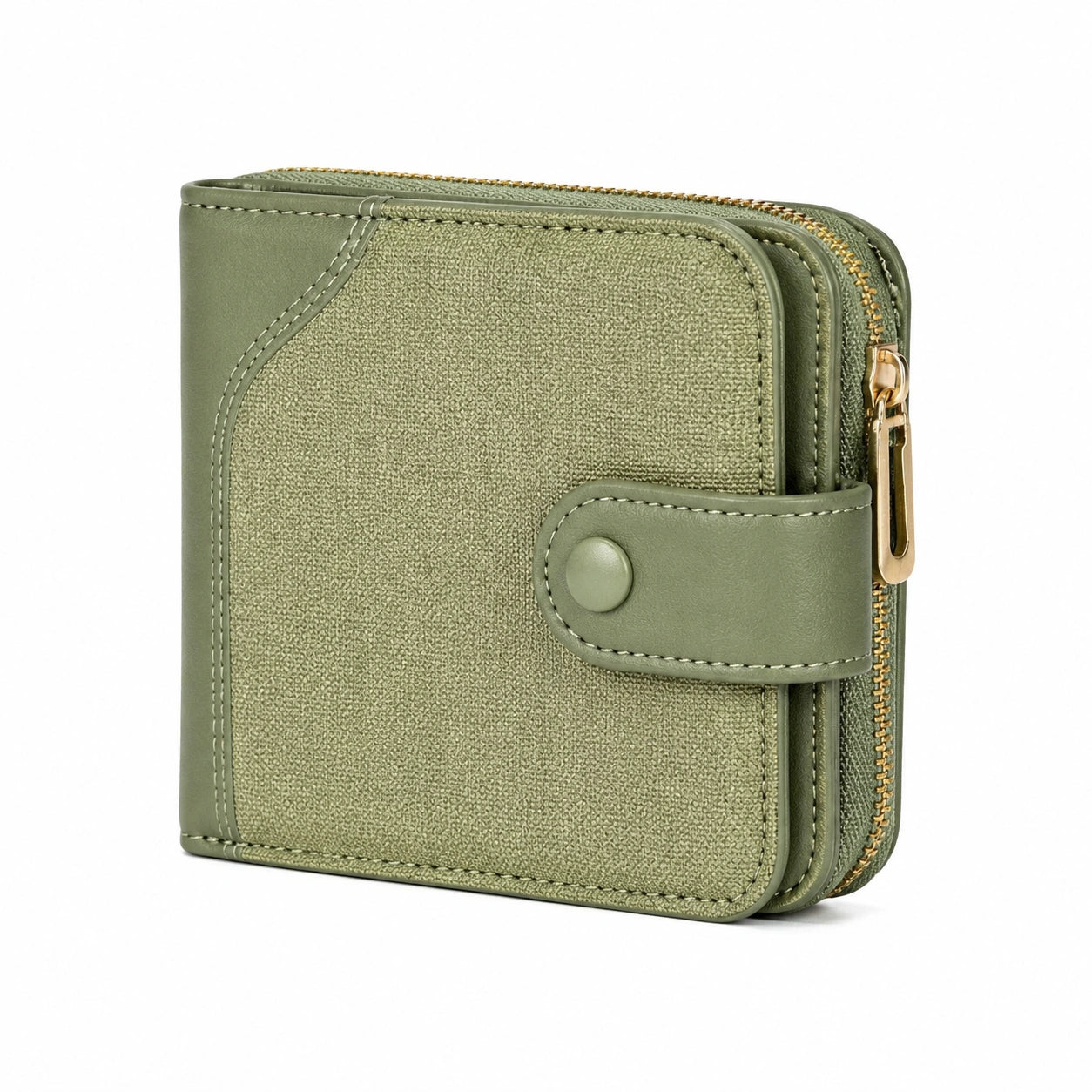 Portafoglio compatto 12 x 3 x 10 cm in materiale sintetico verde con zip e bottone