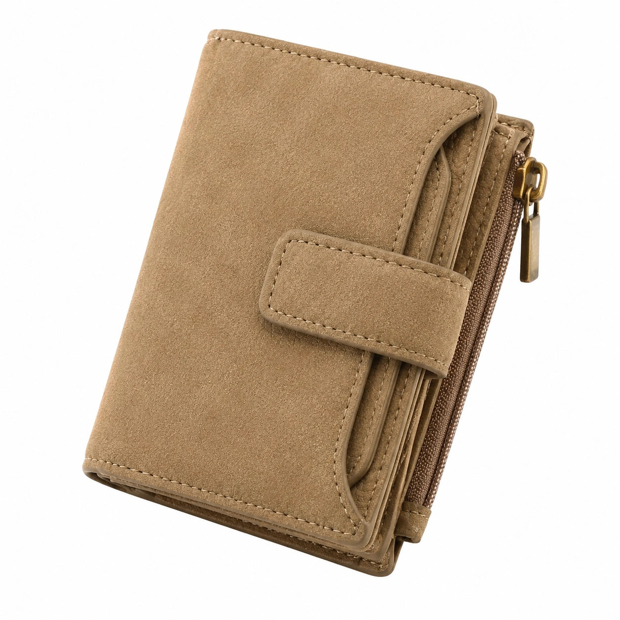 Portafoglio donna 19 x 10 x 3 cm in similpelle beige con chiusura a bottone e zip