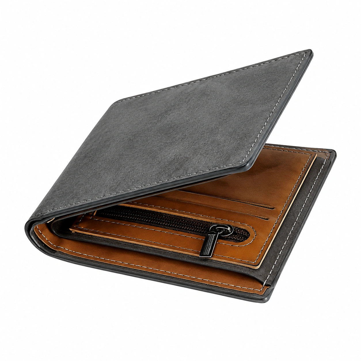 Portafoglio uomo 19 x 10 x 2 cm in pelle sintetica grigio marrone con portamonete zip stile pieghevole