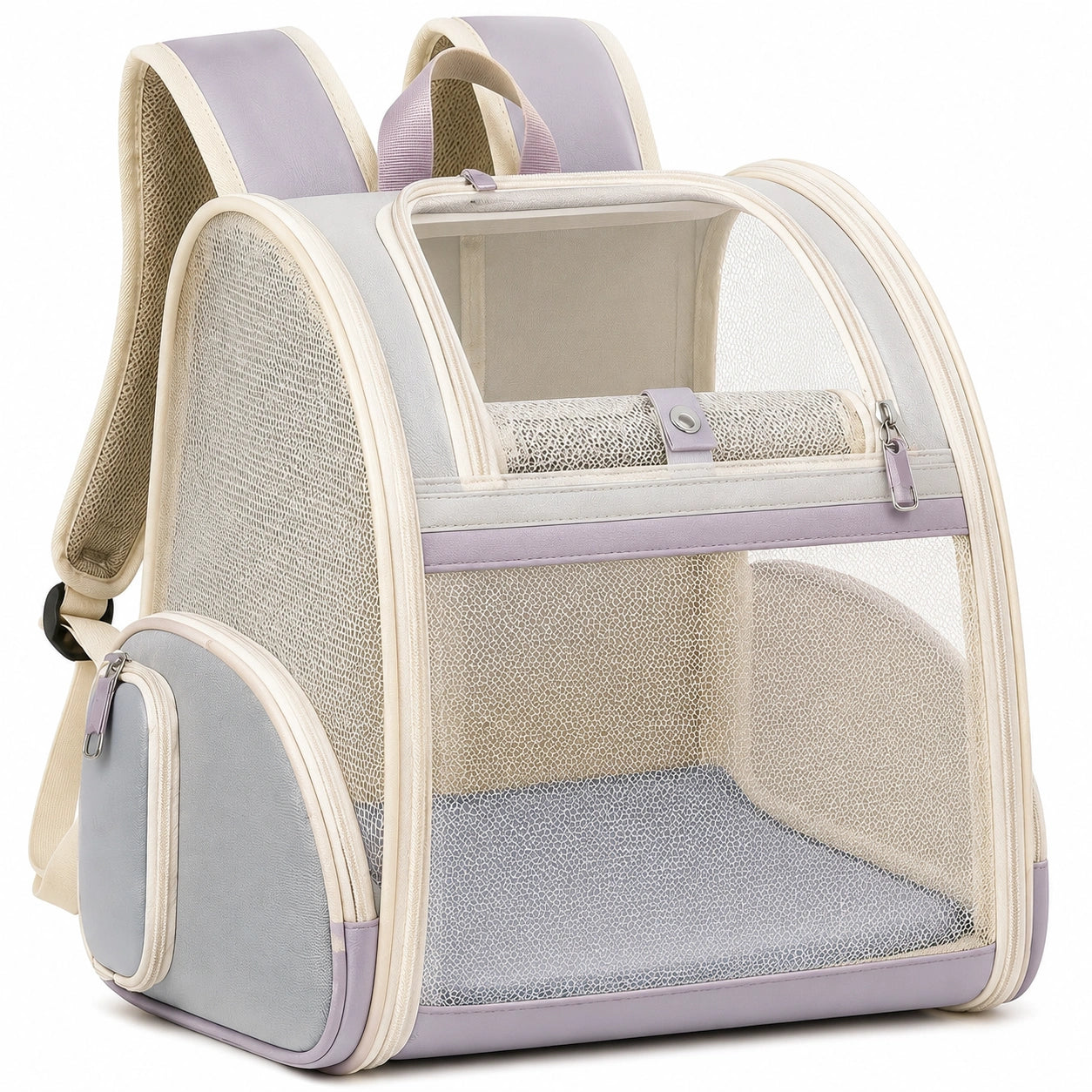 Zaino trasportino per animali 42 x 30 x 42 cm in tessuto e rete crema grigio lilla con tasca laterale