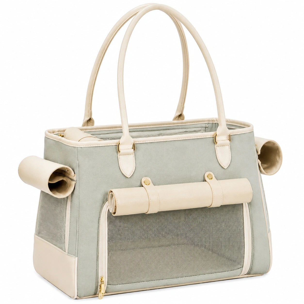Borsa trasportino per animali 45 x 25 x 32 cm in similpelle verde salvia e beige con rete traspirante
