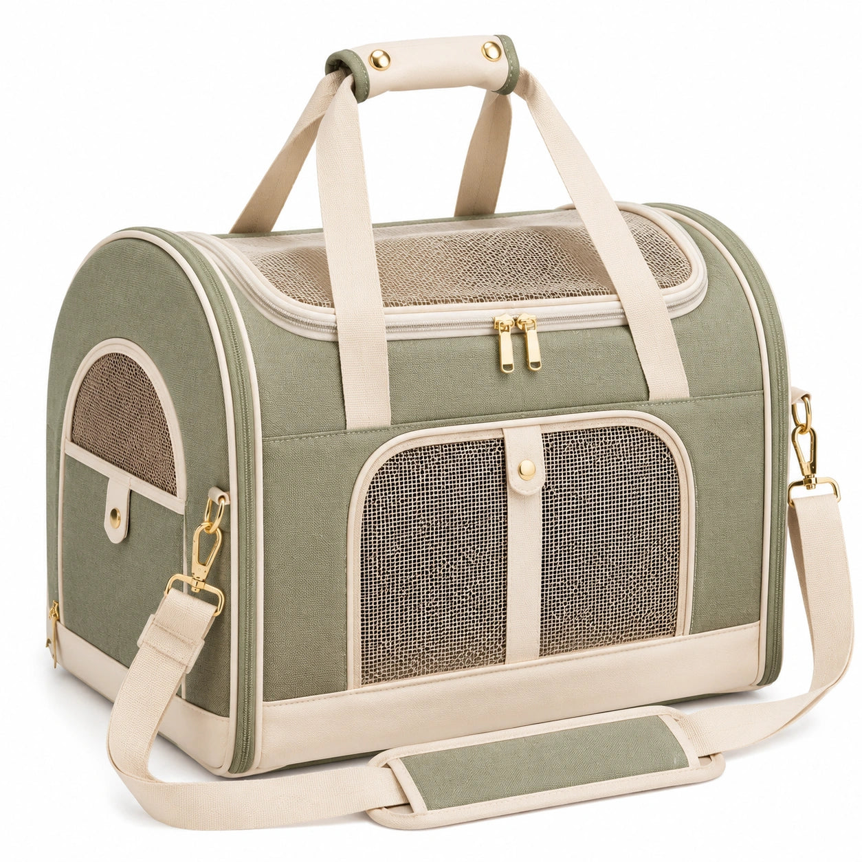 Trasportino per animali 45 x 28 x 30 cm in tessuto verde e beige con rete traspirante e tracolla