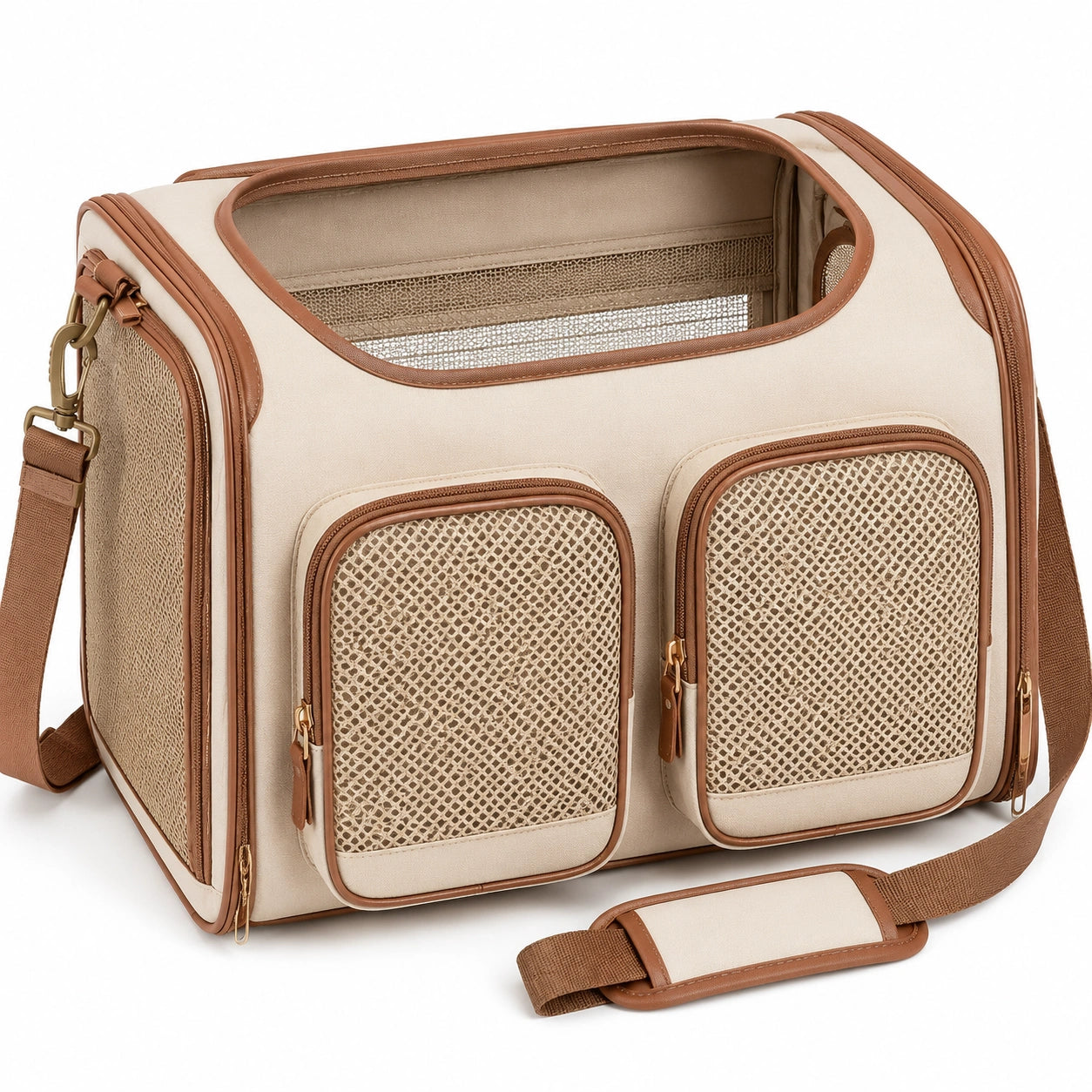 Trasportino per animali 45 x 28 x 30 cm in tessuto beige e marrone con rete traspirante e tracolla