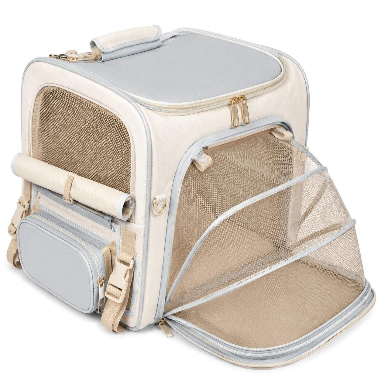 Borsa trasportino per animali 45 x 30 x 30 cm in tessuto beige e grigio con rete espandibile