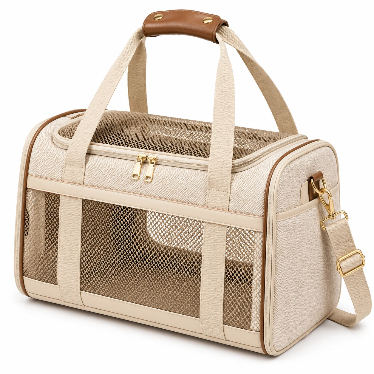 Trasportino per animali 45 x 28 x 30 cm in tessuto beige con rete traspirante e tracolla regolabile