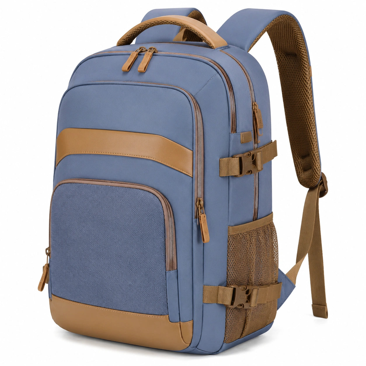 Zaino 32 x 18 x 45 cm in poliestere blu e cammello con tasche multiple per scuola e viaggio