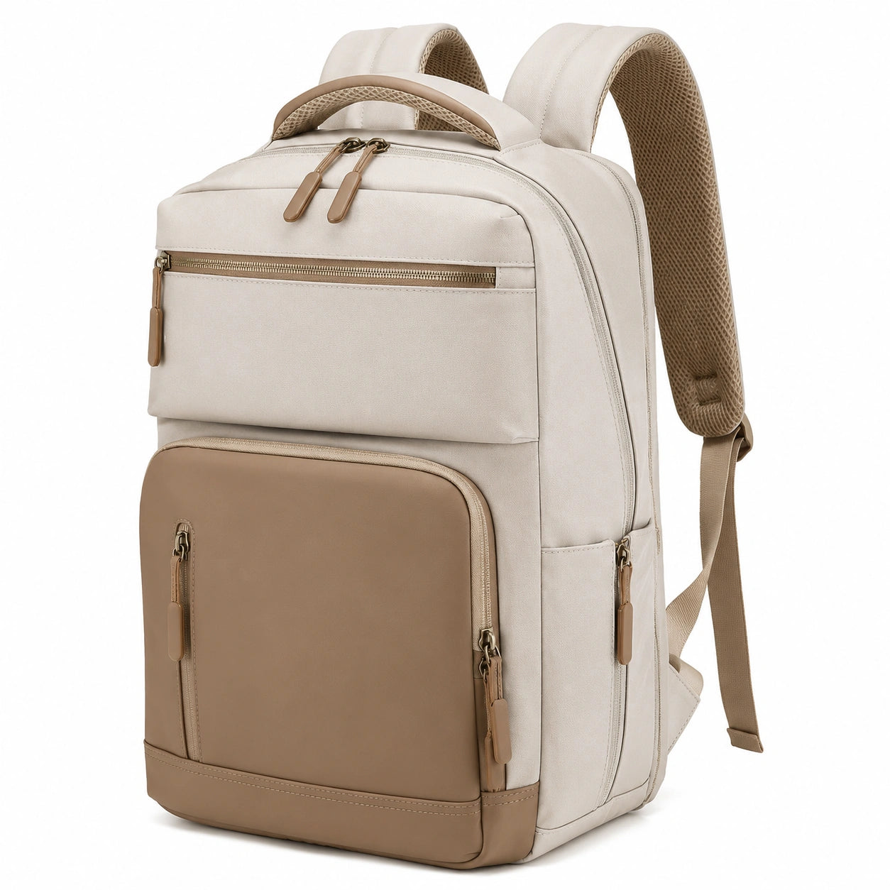 Zaino 30 x 16 x 43 cm in tessuto sintetico beige e marrone con tasche multiple per lavoro e viaggio